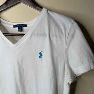 Vintage Ralph Lauren White V-Neck Tee with Blue Logo